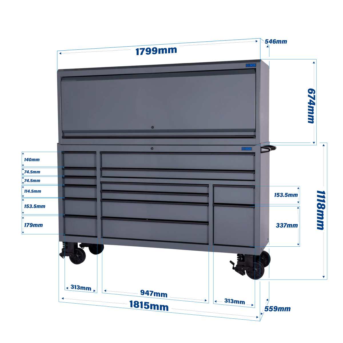 SGS 72in Roller Cabinet with Top Hutch | 14 Drawers | Slate Grey